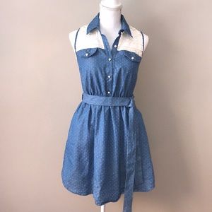 Monteau Denim Lace Sleeveless Dress White Polkadot